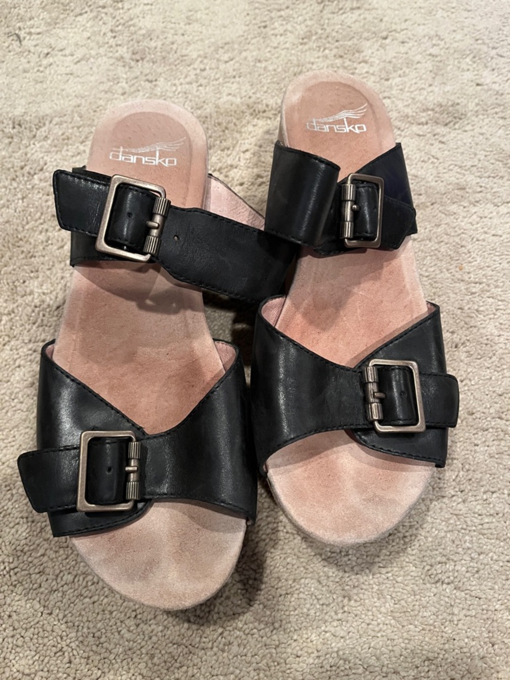 Dansko Black Leather Double Buckle Slide Sandals